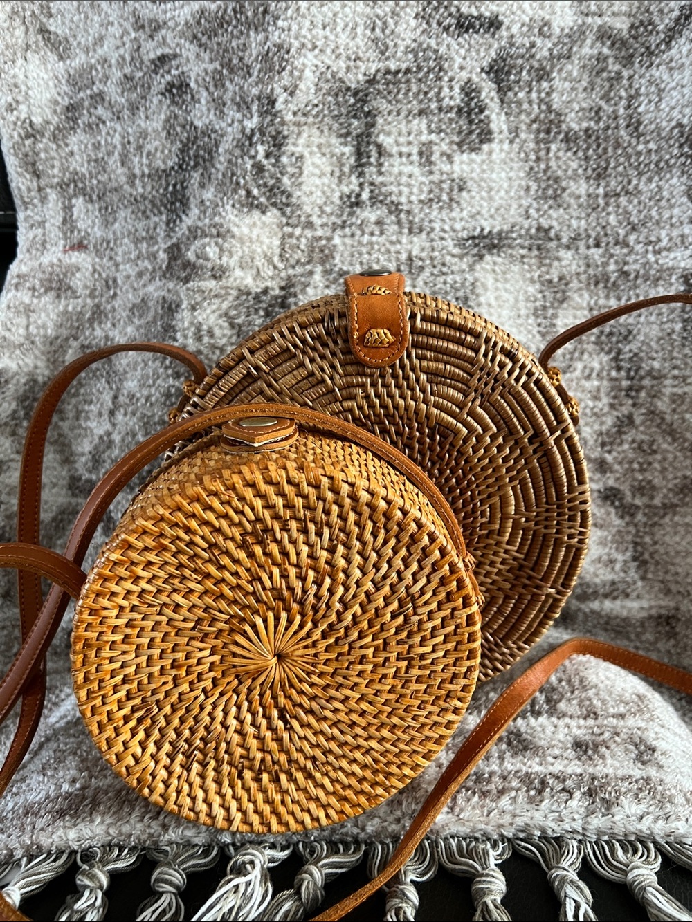 Round Woven Straw Crossbody Bag in Brown